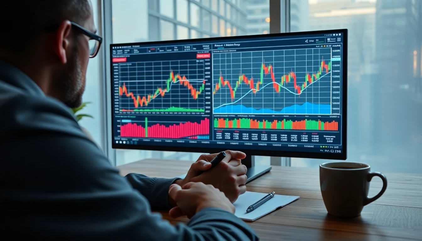 Analyst betrachtet Aktiencharts auf großem Bildschirm, Notizen und Kaffee auf dem Schreibtisch.