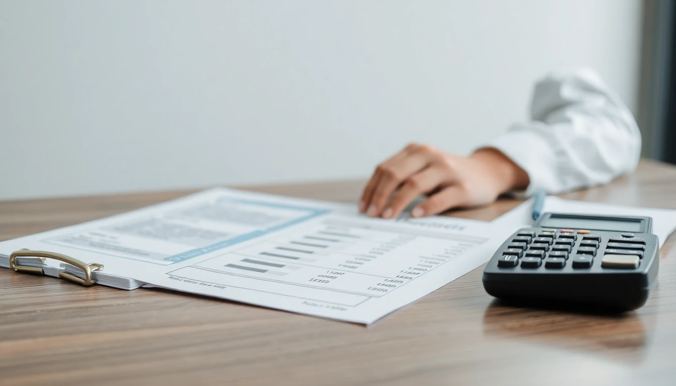 Geschäftsbericht und Bilanzen auf einem Schreibtisch, daneben ein Taschenrechner und Notizen zu Finanzkennzahlen.